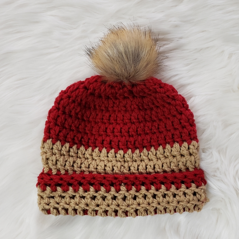 Red & Tan Crochet Striped Beanie with Fur Pom Pom